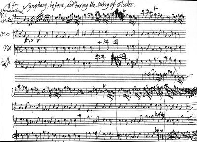Originele partituur van het begin van de symfonie die de intrede van Alcides begeleidt in Tobias Smollett